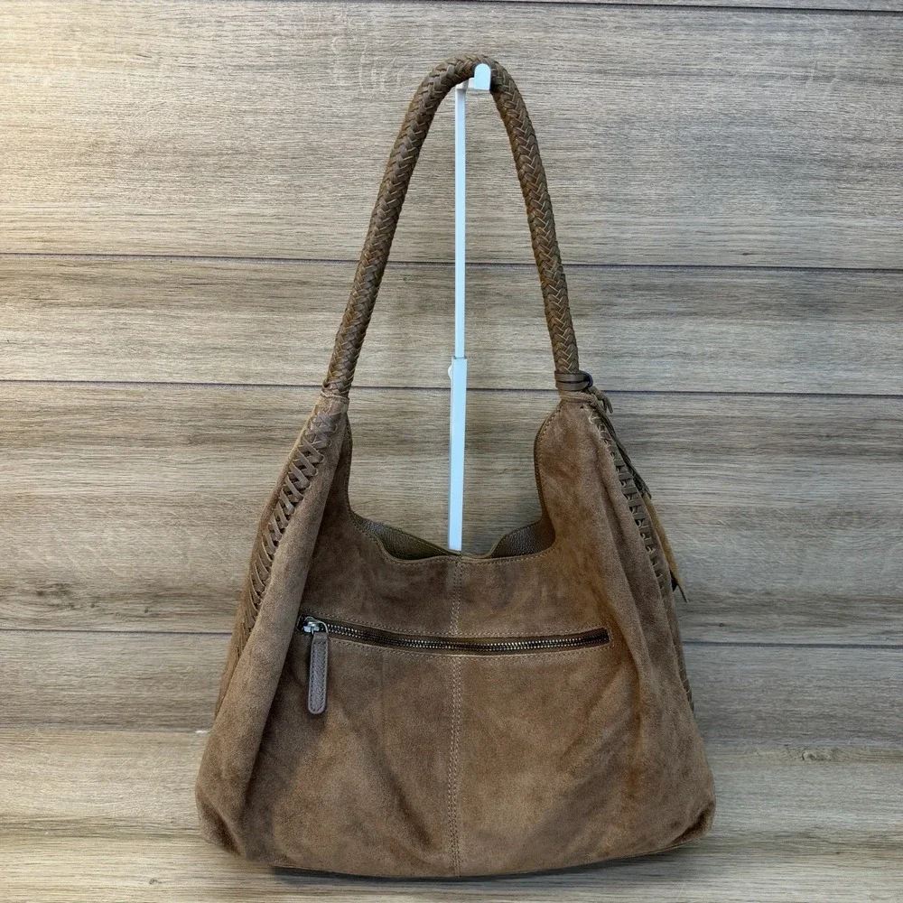 Vilenca Holland Suede Slouchy Hobo Shoulder Bag Brown Boho Whipstitch Tassel